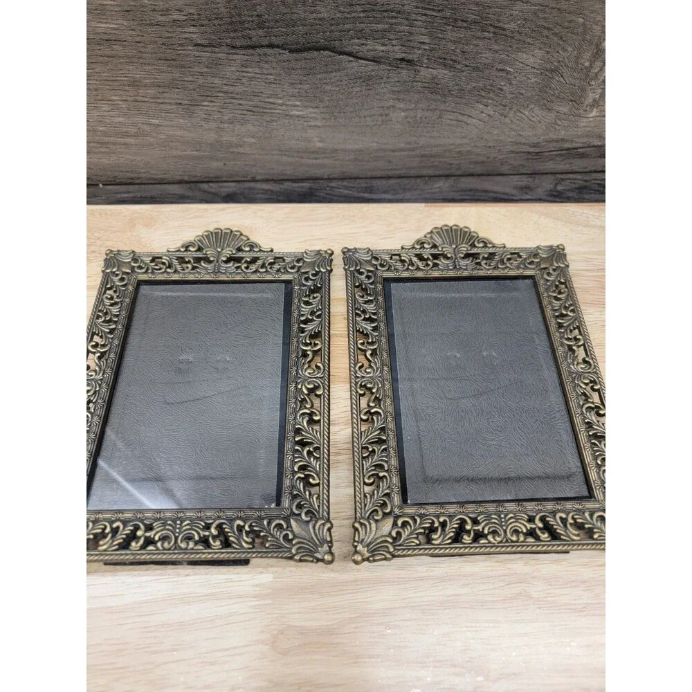 2 Beautiful Vintage Ornate Victorian Style Brass Picture Frames Black Felt Backs